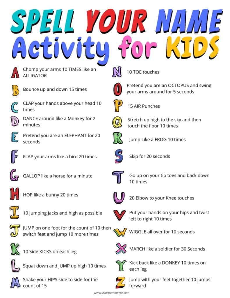 Spell Your Name Workout - What's Your Name? Fitness Activity Printable for  Kids