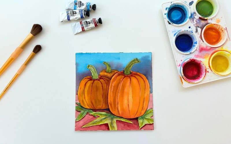 Watercolor fall leaf and pumpkins