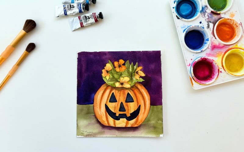 pumpkin with flowers on top fall watercolor