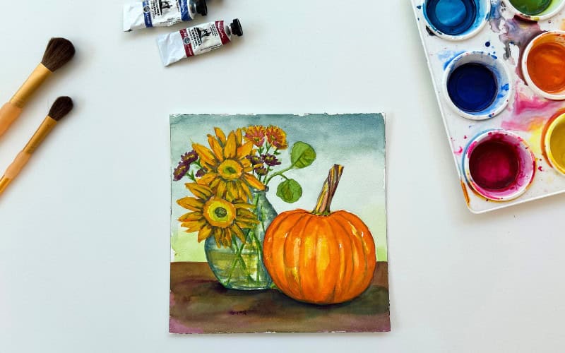 watercolor art fall pumpkin and sunflowers