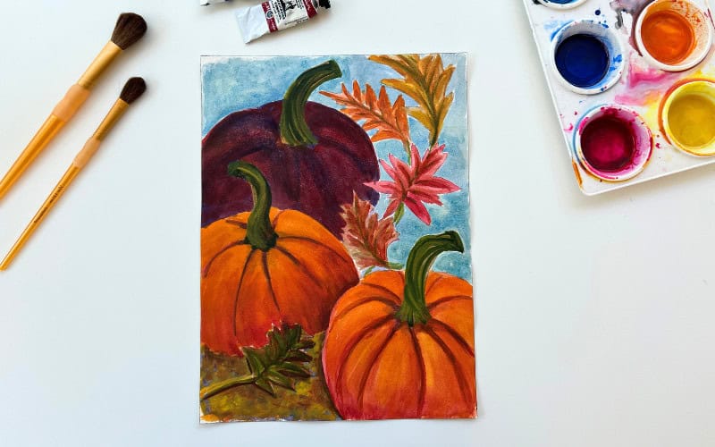 watercolor fall bright pumpkins art